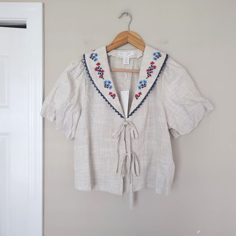Caroline Constas NWT Sailor Collar Embroidered Tie Front Striped Top XS